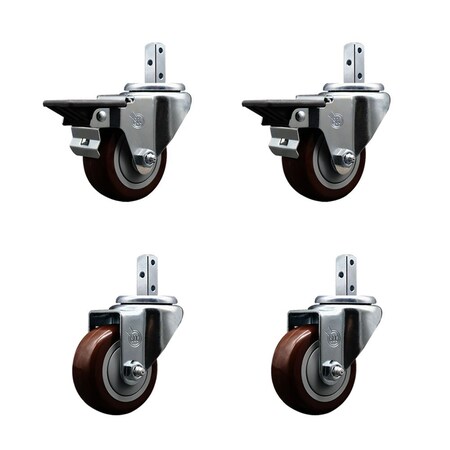 Service Caster 3'' Maroon Polyurethane Wheel Swivel 7/8'' Square Stem Caster Set 2 Brakes, 4PK SCC-SQ20S314-PPUB-MRN-PLB-78-2-S-2